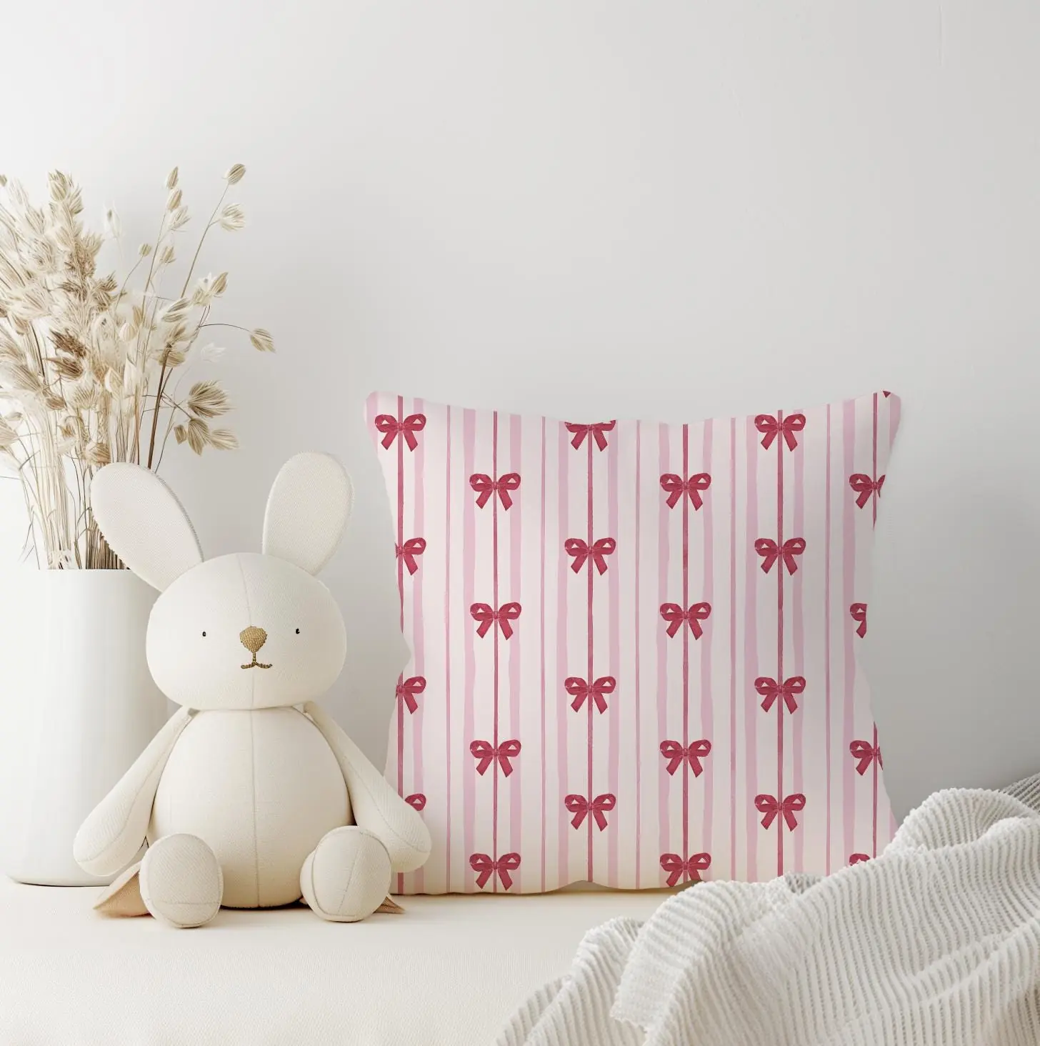 Pink Stripes With Red Bows Square Pillow Kids