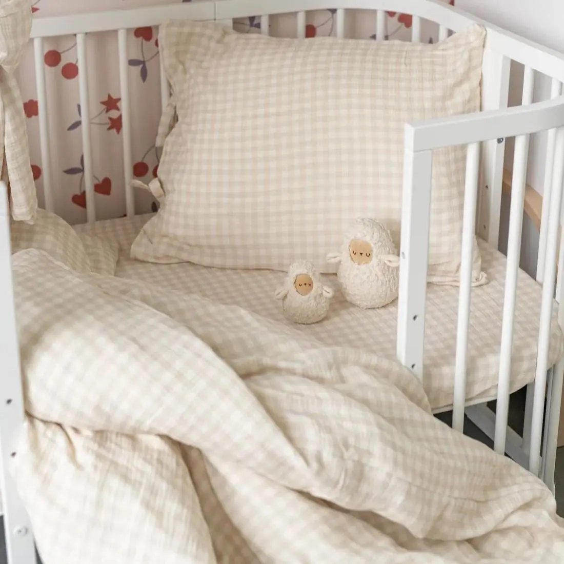 Beige & Sage Gingham Handmade Muslin Kids Bedding